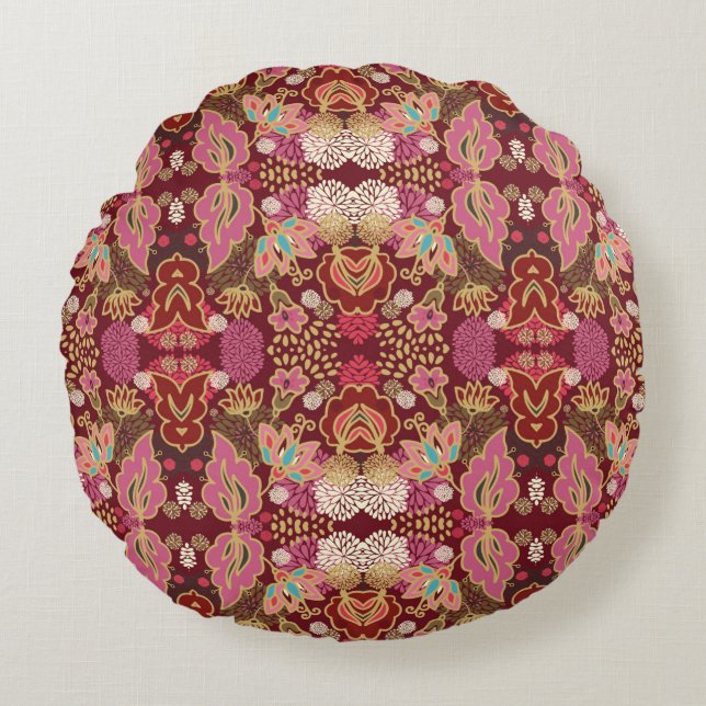 Seamless decorative chaotic floral pattern round pillow (Front)