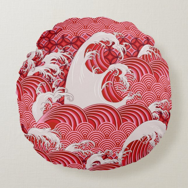 Seamless decorative pattern with waves in Chinese  Round Pillow (Front)