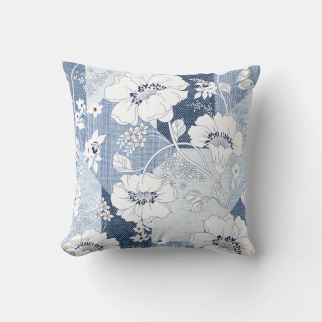 seamless denim patchwork on flower throw pillow (Front)