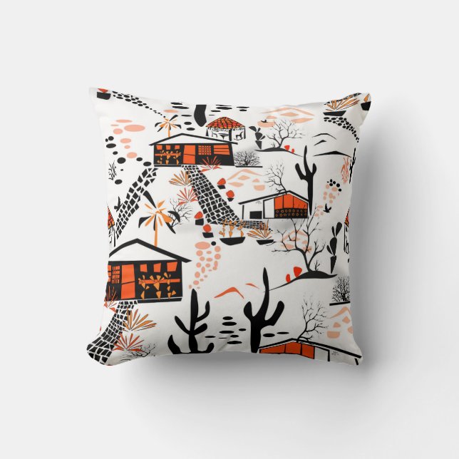 Seamless desert sand landscape houses black orange throw pillow (Front)