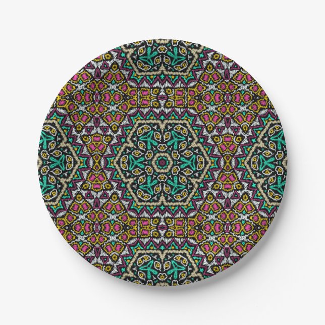 Seamless embroidery tribal ethno boho ornamental t paper plates (Front)