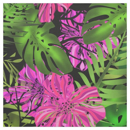 Seamless exotic jungle hibiscus monstera palm leav fabric