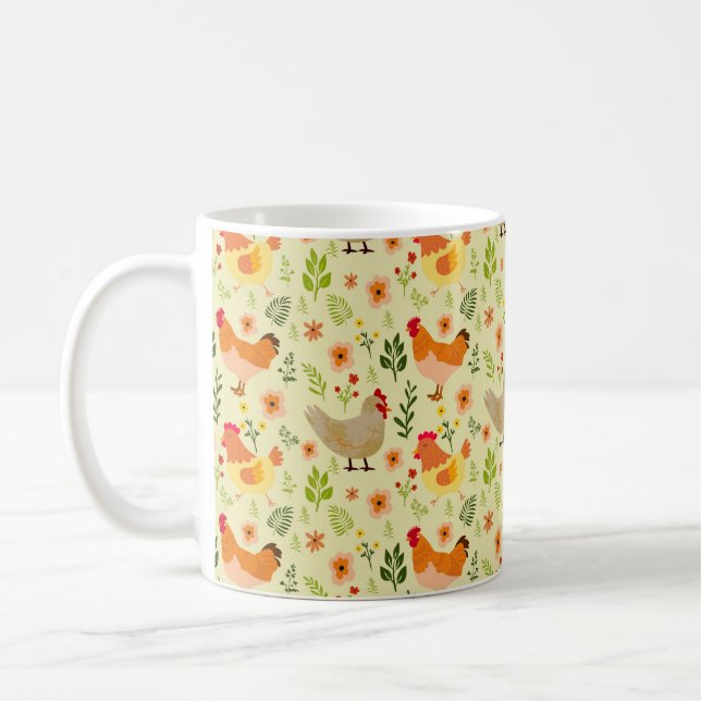 Seamless Farm Chicken and Floral Pattern Coffee Mug (Left)