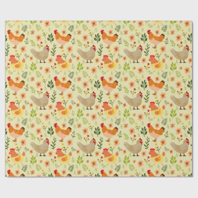 Seamless Farm Chicken and Floral Pattern Wrapping Paper