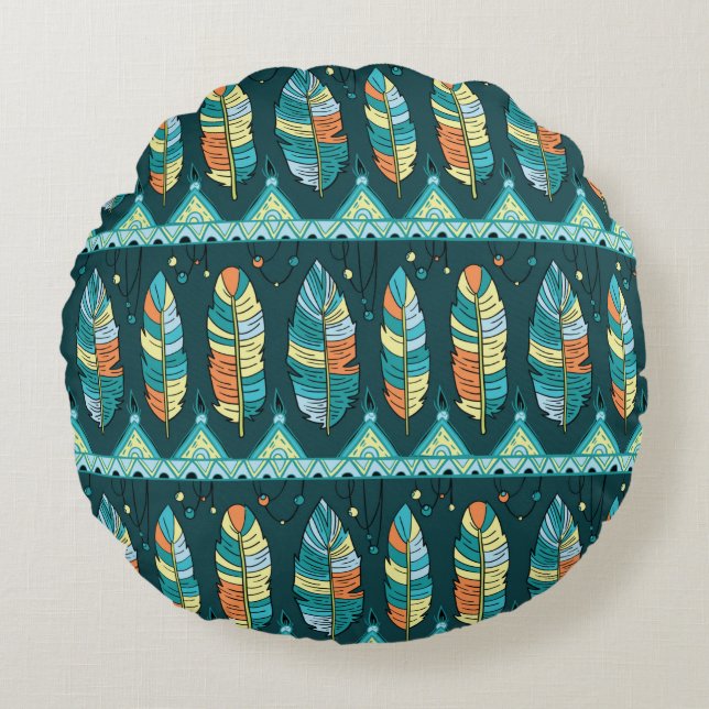 Seamless feather pattern background. Endless color Round Pillow (Front)