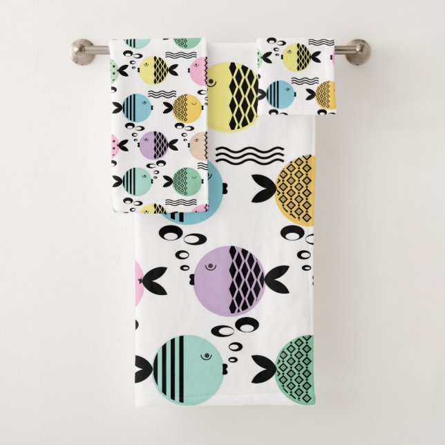 Seamless fish abstract scandinavian modern marine  bath towel set (Insitu)
