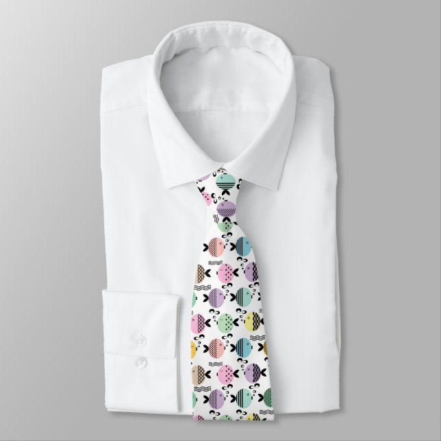 Seamless fish abstract scandinavian modern marine  neck tie (Tied)