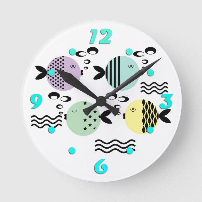 Seamless fish abstract scandinavian modern marine round clock (Front)