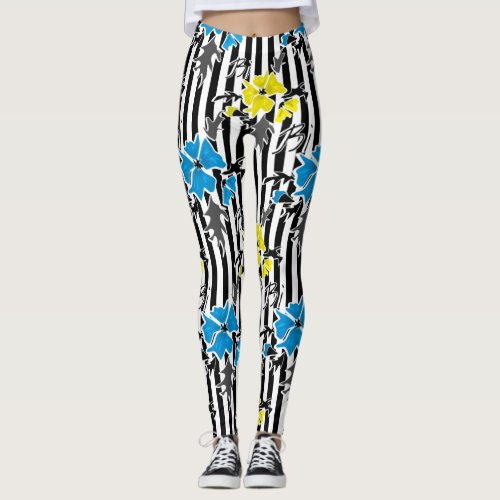 Seamless floral blue yellow flowers gray leaves st leggings