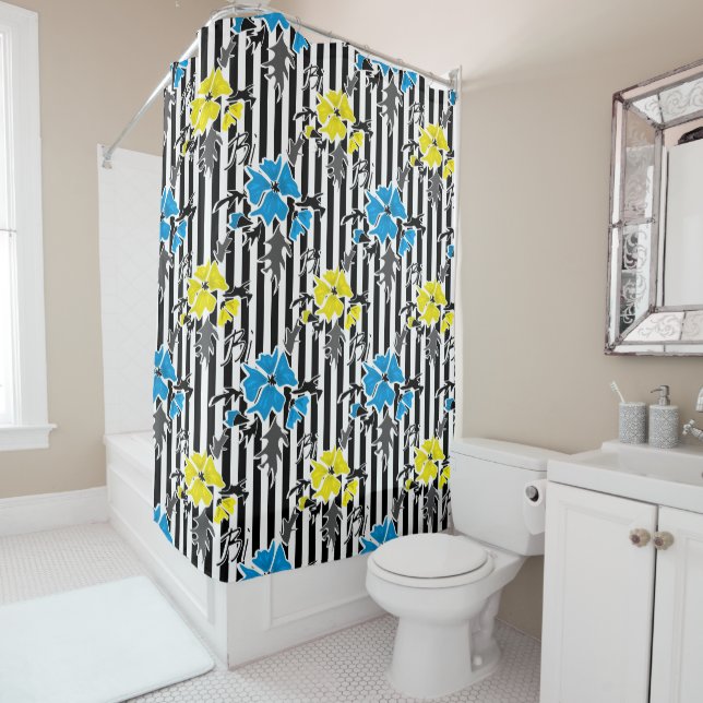 Seamless floral blue yellow flowers gray leaves st shower curtain (In Situ)