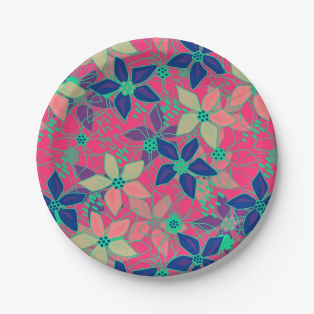 Seamless floral flowers pattern bright summer red paper plates (Front)