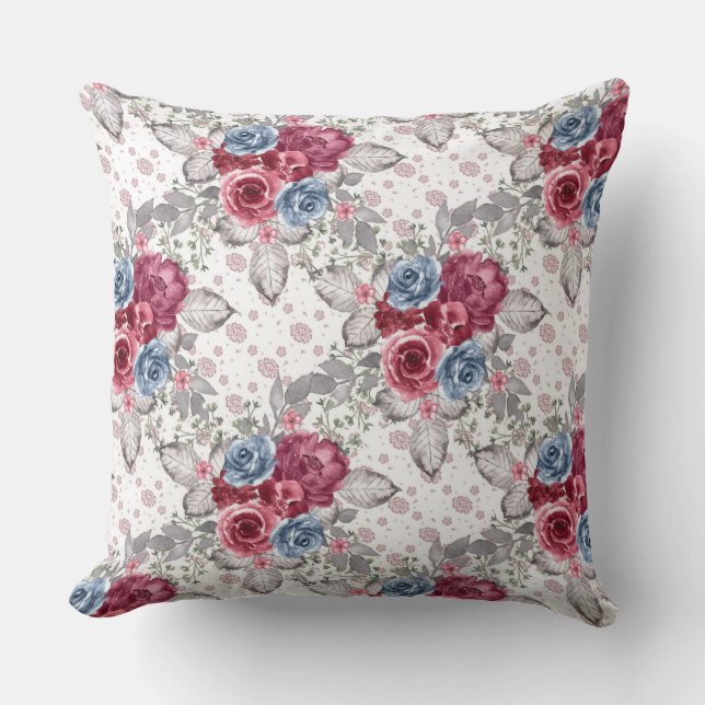 Seamless Floral Pattern - Dusty Blue and Burgundy  Throw Pillow (Front)