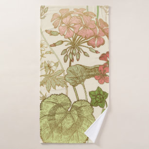 Seamless floral pattern. Green foliage, pink gera Bath Towel