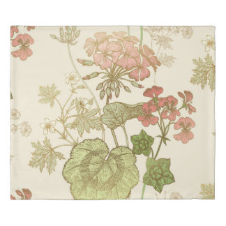 Seamless floral pattern. Green foliage, pink gera Duvet Cover