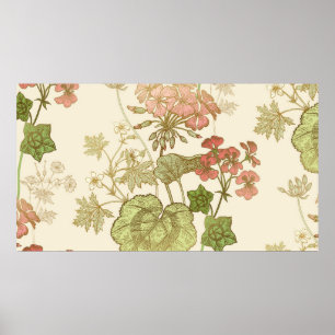 Seamless floral pattern. Green foliage,  pink gera Poster