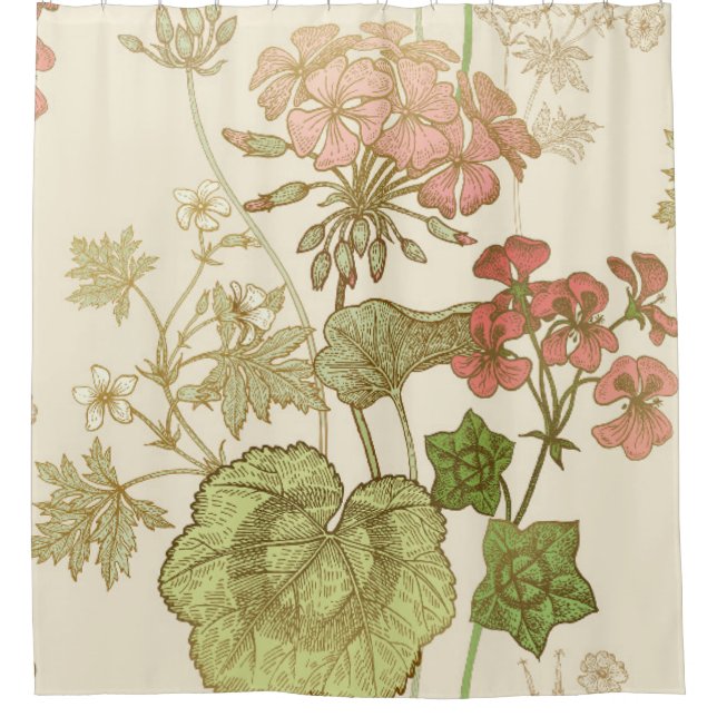 Seamless floral pattern. Green foliage,  pink gera Shower Curtain (Front)