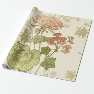 Seamless floral pattern. Green foliage, pink gera Wrapping Paper