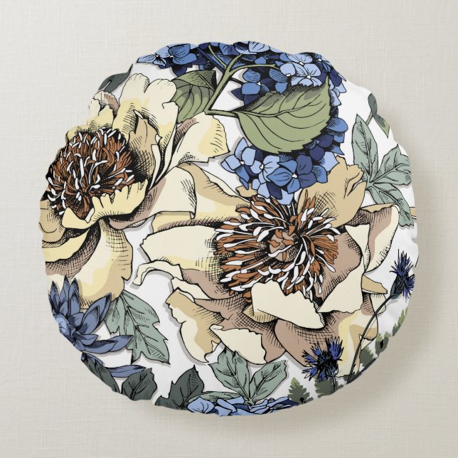 Seamless floral pattern. Hydrangea,  Peony,  wildf Round Pillow (Front)