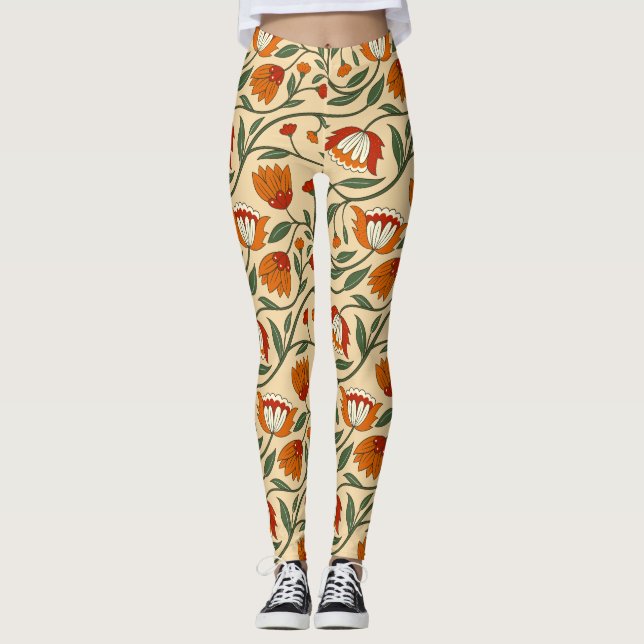 Seamless floral pattern in beige background leggings (Front)