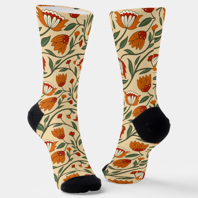 Seamless floral pattern in beige background socks (Angled)