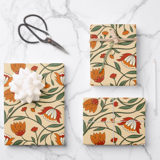 Seamless floral pattern in beige background wrapping paper sheets (Front)