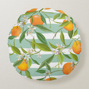 Seamless Floral Pattern. Orange Fruits Background. Round Pillow