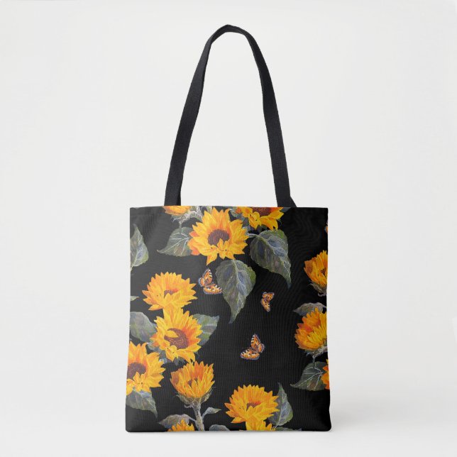 Seamless floral pattern sunflowers on black backgr tote bag (Front)