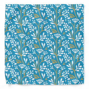 Seamless Floral Pattern: White and Gold on Blue Bandana