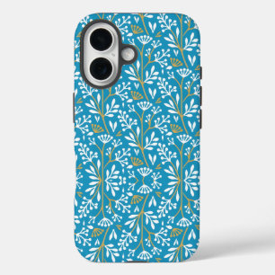 Seamless Floral Pattern: White and Gold on Blue iPhone 16 Case
