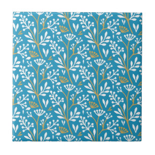 Seamless Floral Pattern: White and Gold on Blue Ceramic Tile