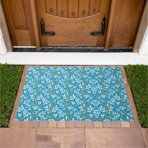 Seamless Floral Pattern: White and Gold on Blue Doormat