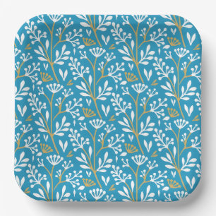 Seamless Floral Pattern: White and Gold on Blue Paper Plates
