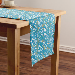 Seamless Floral Pattern: White and Gold on Blue Short Table Runner