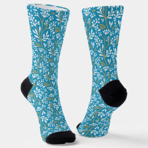 Seamless Floral Pattern: White and Gold on Blue Socks