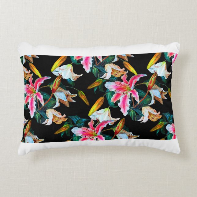 Seamless floral pattern. White and pink lily on a  Accent Pillow (Front)