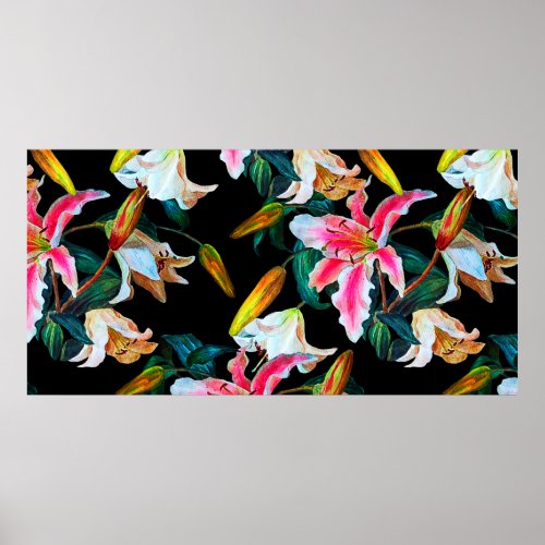 Seamless floral pattern White and pink lily on a  Poster