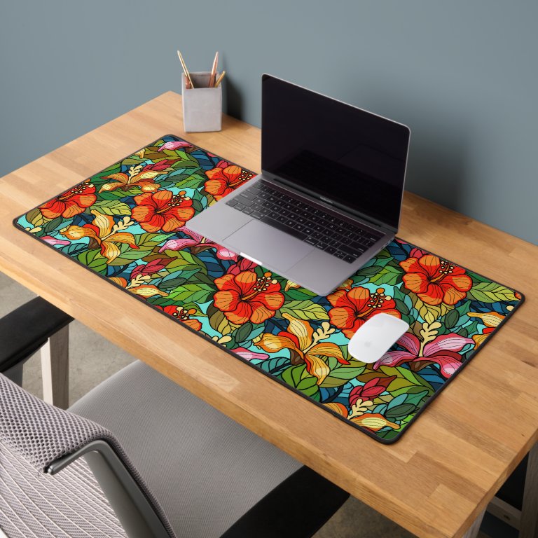 Seamless floral pattern with hibiscus flowers desk mat