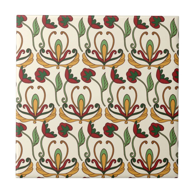 Seamless floral pattern with red and yellow  ceramic tile (Front)