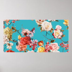 Seamless floral pattern with roses, watercolor. fl poster