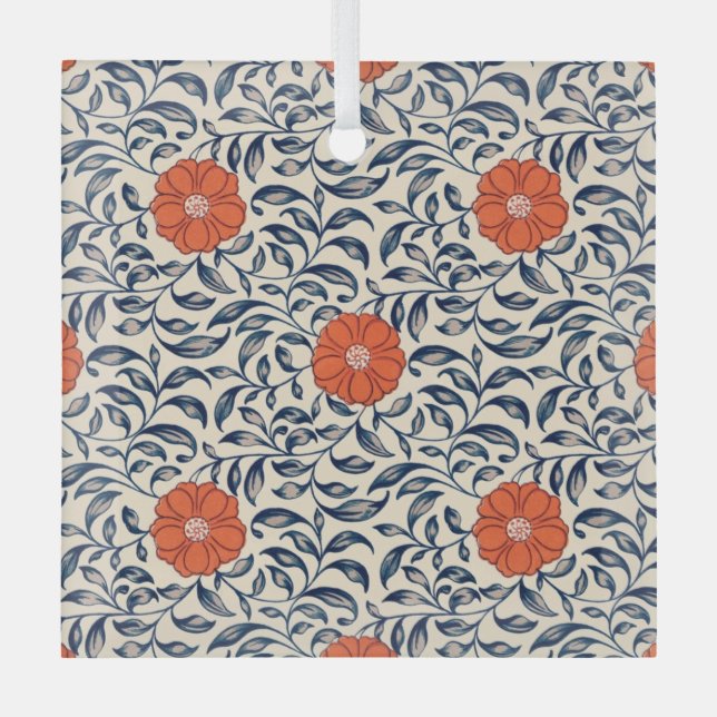 Seamless floral pattern with vibrant orange flower glass ornament (Front)