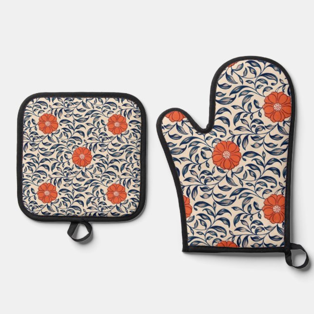 Seamless floral pattern with vibrant orange flower oven mitt & pot holder set (Front)