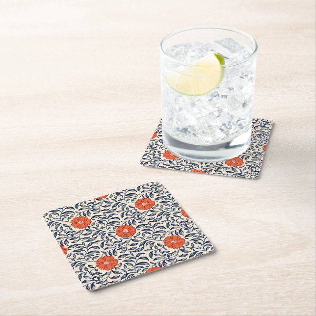 Seamless floral pattern with vibrant orange flower square paper coaster (Insitu)