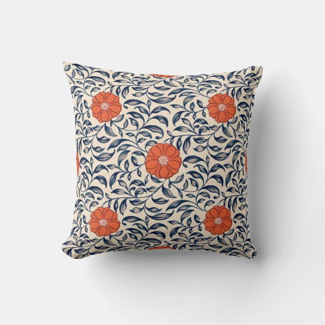 Seamless floral pattern with vibrant orange flower throw pillow (Front)