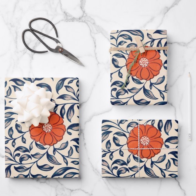 Seamless floral pattern with vibrant orange flower wrapping paper sheets (Front)