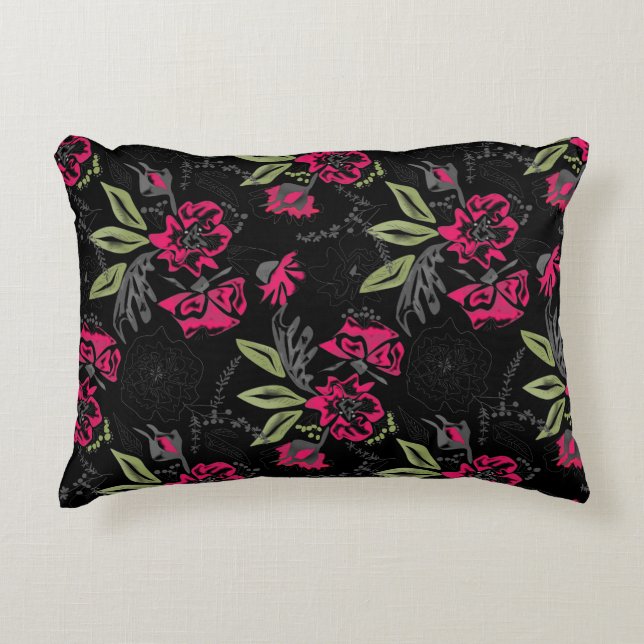Seamless floral pink flowers green leaves sketched accent pillow (Front)