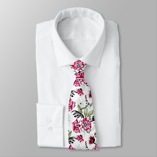 Seamless floral pink flowers green leaves sketched neck tie (Tied)
