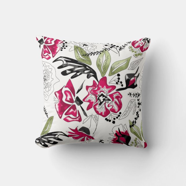 Seamless floral pink flowers green leaves sketched throw pillow (Front)