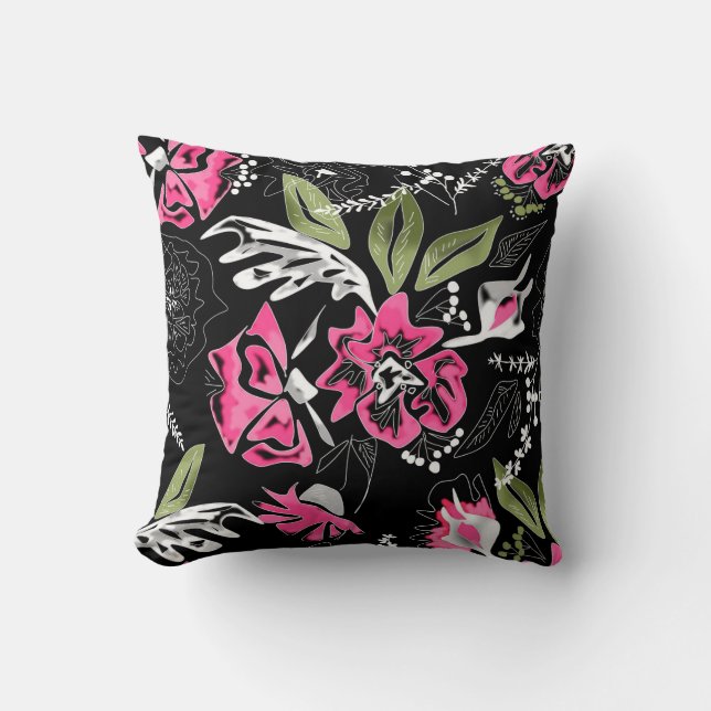 Seamless floral pink flowers green leaves sketched throw pillow (Front)