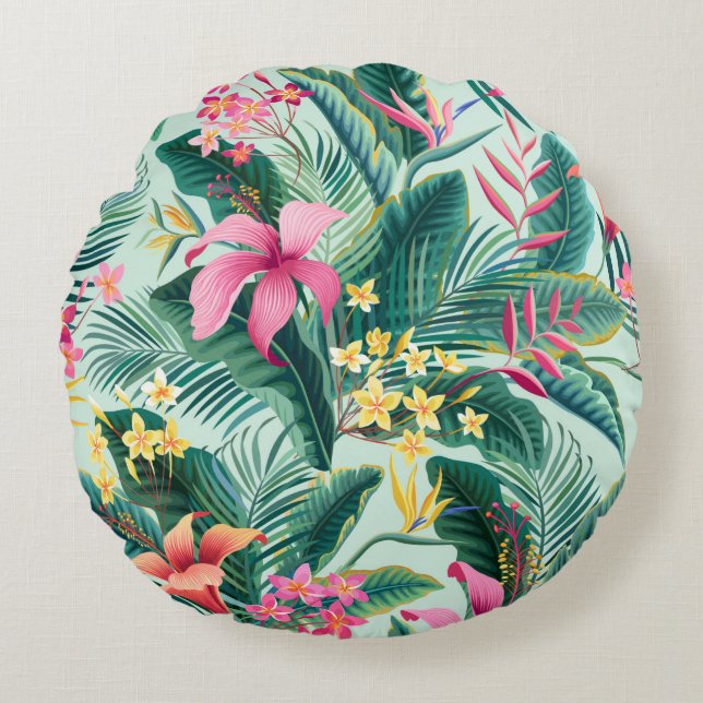seamless floral tropical pattern with hibiscus and round pillow (Front)