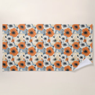 Seamless Floral With Orange, White, and Black Flow Beach Towel